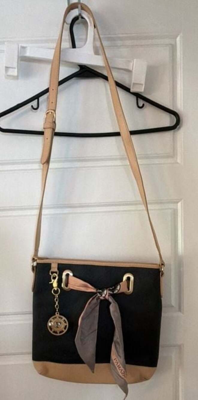 Parazul Black and Tan Crossbody Bag with Logo Charm and Silk Scarf